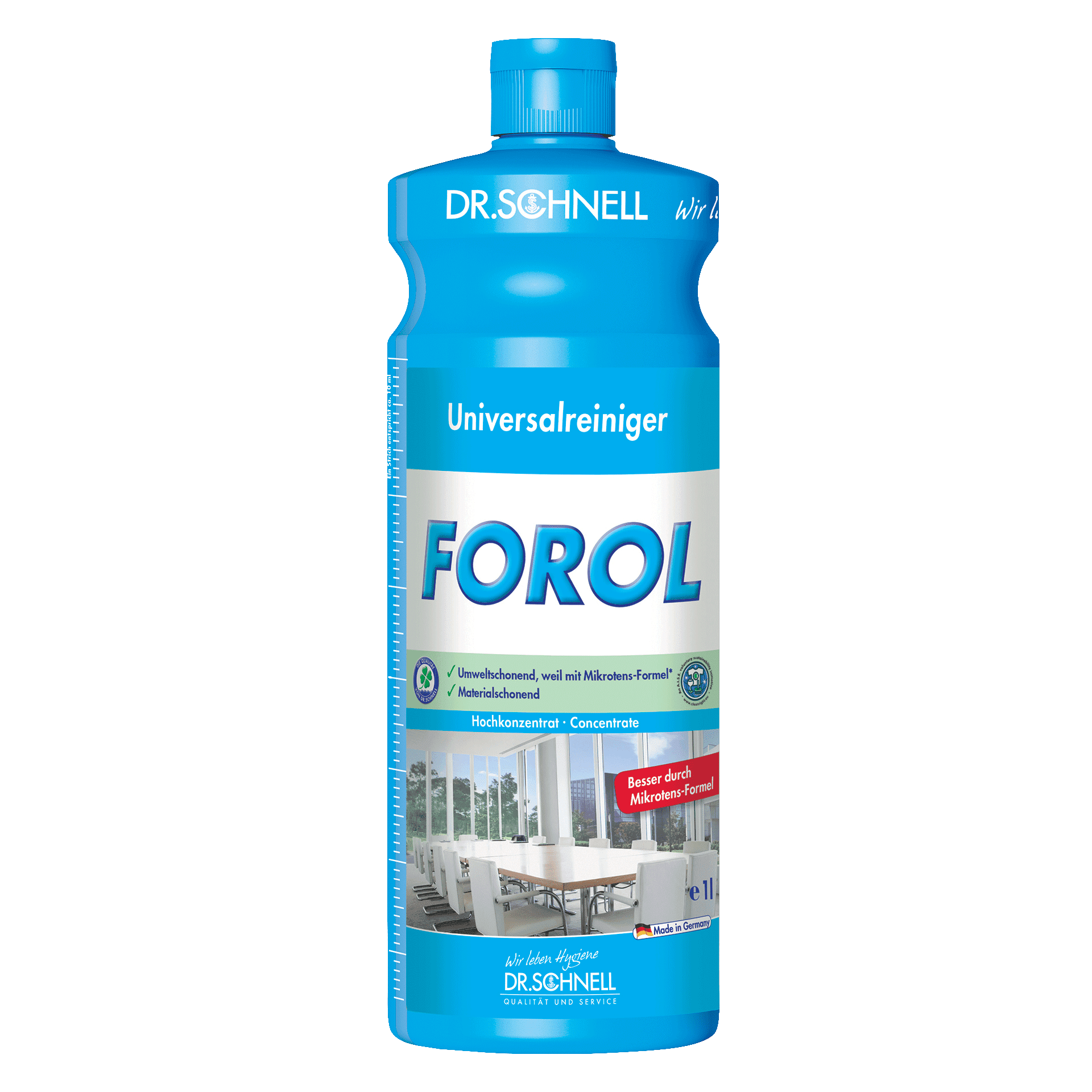 Dr. Schnell Forol Universalreiniger in blauer Flasche mit Etikett für vielseitige Reinigung Dr. Schnell Forol Universalreiniger in blauer Flasche mit Etikett für vielseitige Reinigung