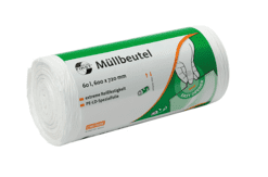 Deiss First Plus weiße Müllbeutel in einer 60-Liter-Rolle mit Produktetikett