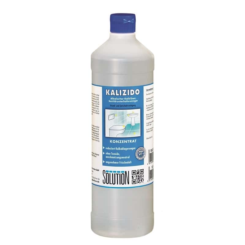 KALIZIDO Alkalisches Entkalkerkonzentrat KALIZIDO alkalischer Entkalker in einer transparenten Flasche mit blauem Verschluss.