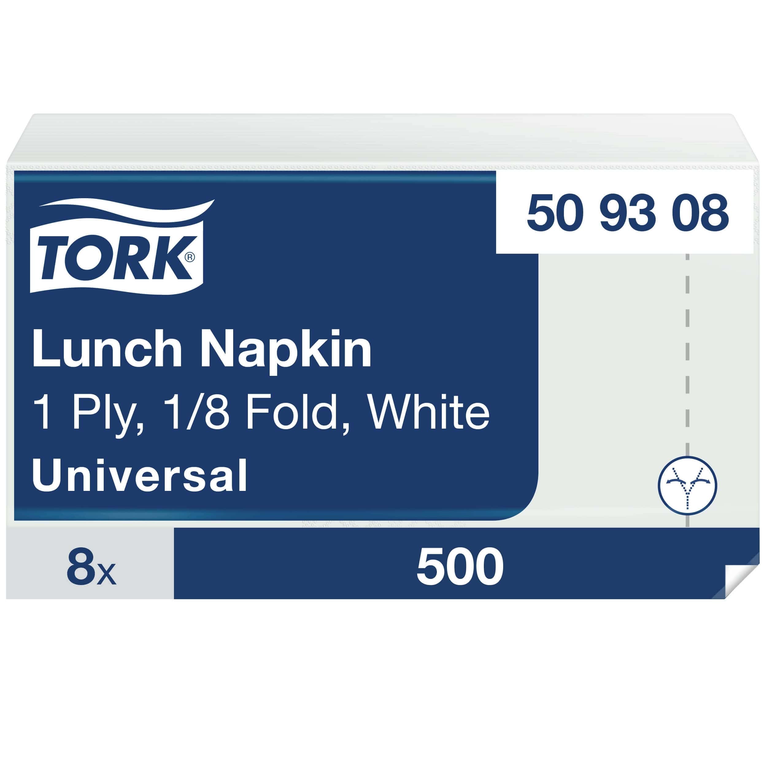 Tork Universal-Lunchservietten, 1-lagig, Weiß Tork Lunch-Serviettenpaket mit einlagigen weißen Servietten im 1/8-Falzformat für den universellen Einsatz in professionellen Gastronomiebereichen