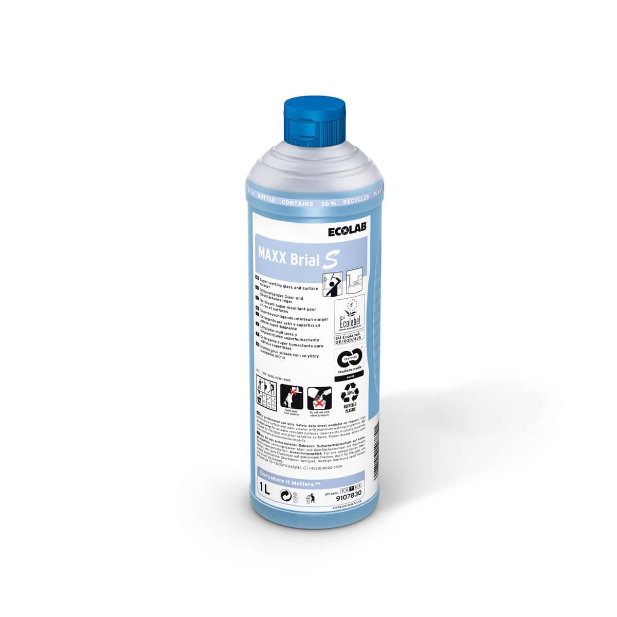 Ecolab MAXX Brial S Glas- und Oberflächenreiniger in blauer Flasche mit weißem Etikett für professionelle Reinigung Ecolab MAXX Brial S Glas- und Oberflächenreiniger in blauer Flasche mit weißem Etikett für professionelle Reinigung