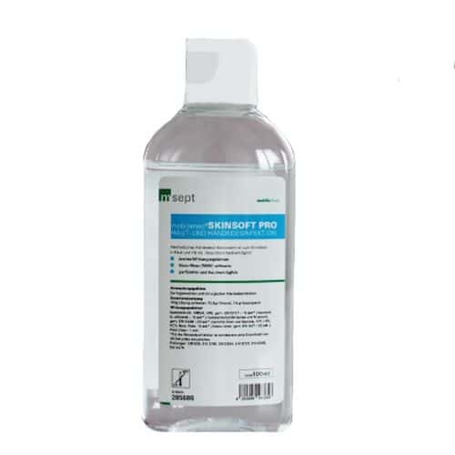 msept Skinsoft Pro Händedesinfektionsflasche Transparente Flasche msept Skinsoft Pro Haut- und Händedesinfektionsmittel mit weißem Verschluss für den professionellen Hygieneeinsatz