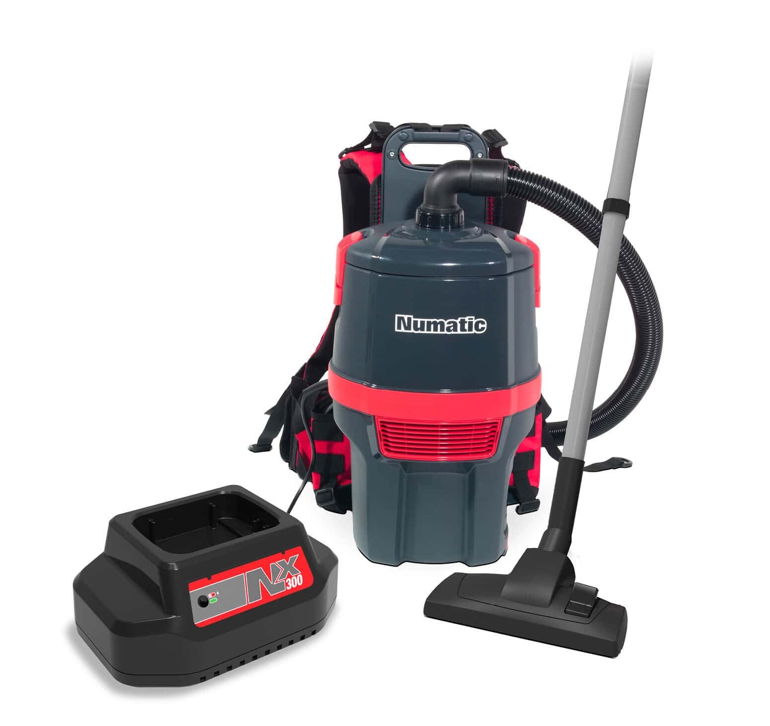 Numatic Akku-Rucksackstaubsauger Numatic Rucksackstaubsauger mit Akkuladegerät und Saugschlauch für die professionelle Trockenreinigung in der Gebäudewartung