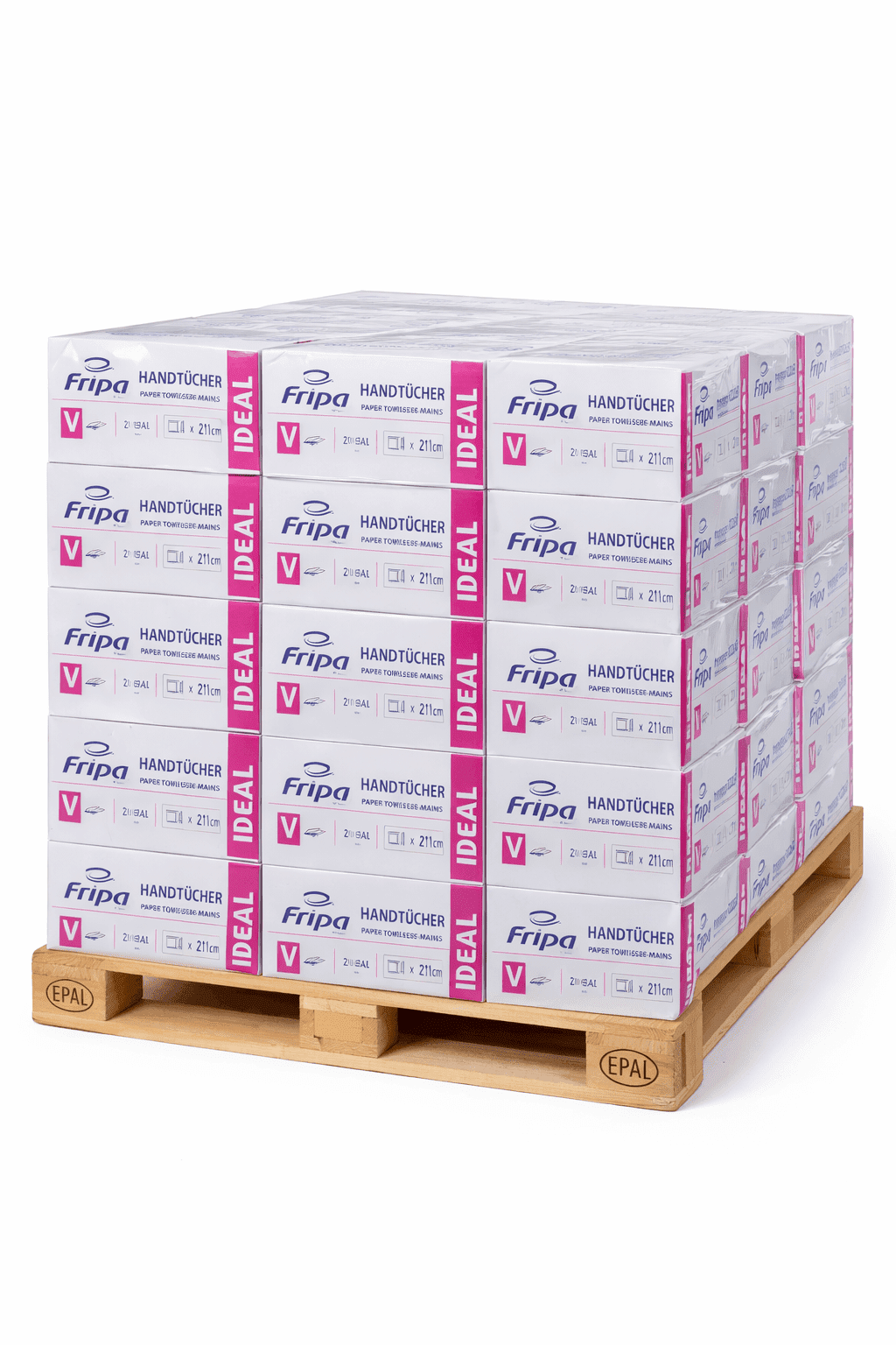 Fripa-Papierhandtücher auf Palette Stapel von Fripa-Papierhandtüchern auf einer EPAL-Holzpalette für die professionelle Hygieneversorgung in gewerblichen Einrichtungen