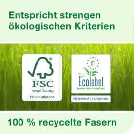 Nachhaltige Zertifizierungsetiketten für Reinigungsprodukte Umweltzertifizierungsetikett mit FSC- und EU-Ecolabel-Logos auf grünem Hintergrund für nachhaltige Papierprodukte