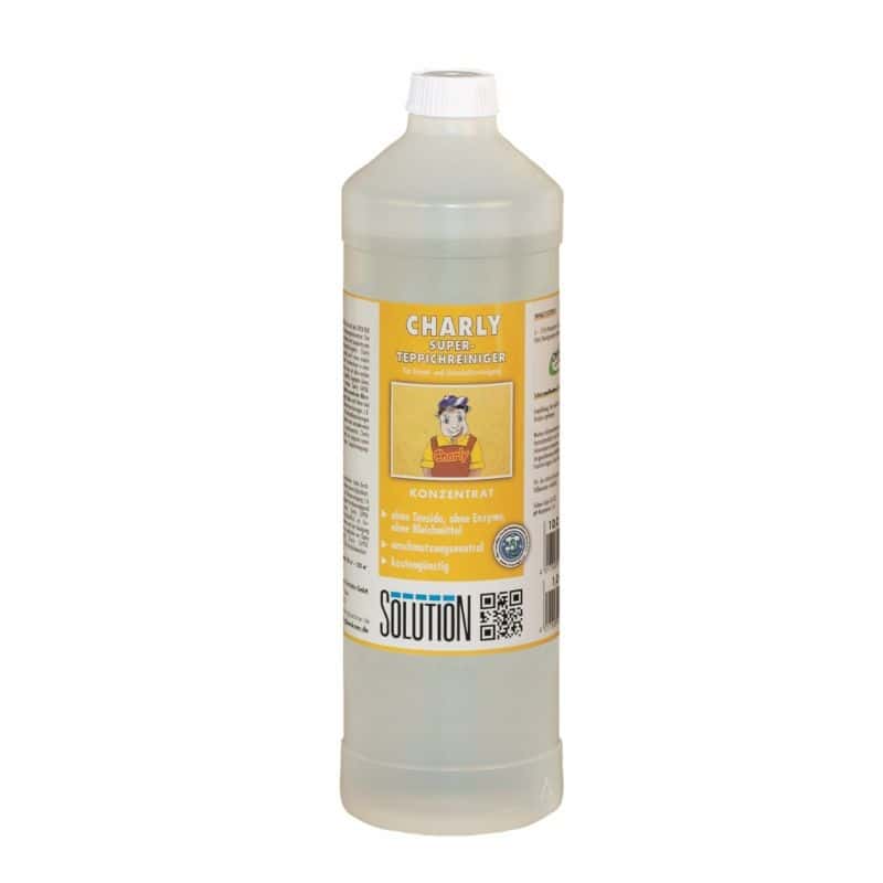 Charly Super Teppichreiniger Konzentrat in transparenter Flasche mit gelbem Etikett für professionelle Teppichreinigung Charly Super Teppichreiniger Konzentrat in transparenter Flasche mit gelbem Etikett für professionelle Teppichreinigung