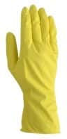 ABENA Gelber Latex-Haushaltshandschuh, Größe S Gelber Latex-Haushaltshandschuh in Größe S, der eine Hand mit ausgestreckten Fingern zeigt.