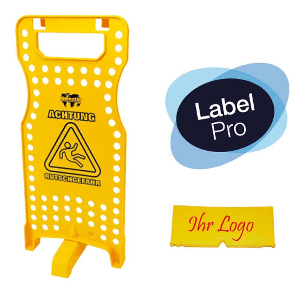 Numatic-Warnschild mit anpassbarem Beschriftungsbereich Gelbes Warnschild mit Rutschgefahrwarnung und anpassbarem Beschriftungsbereich.