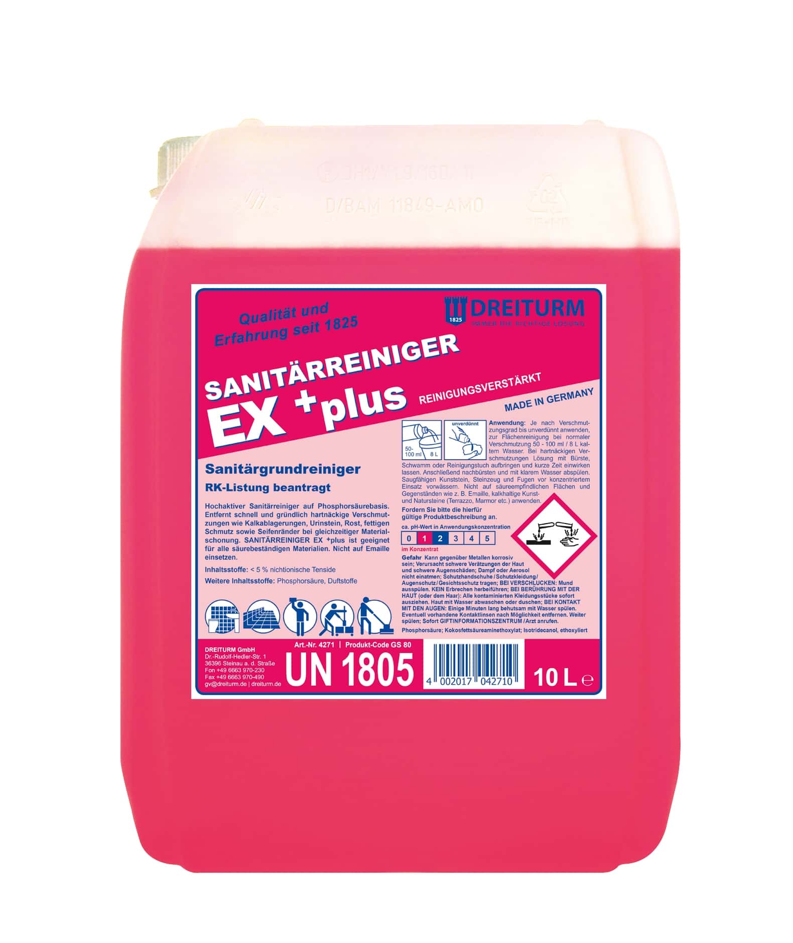 Dreiturm Sanitärreiniger EX plus im 10 Liter Kanister mit Produktetikett