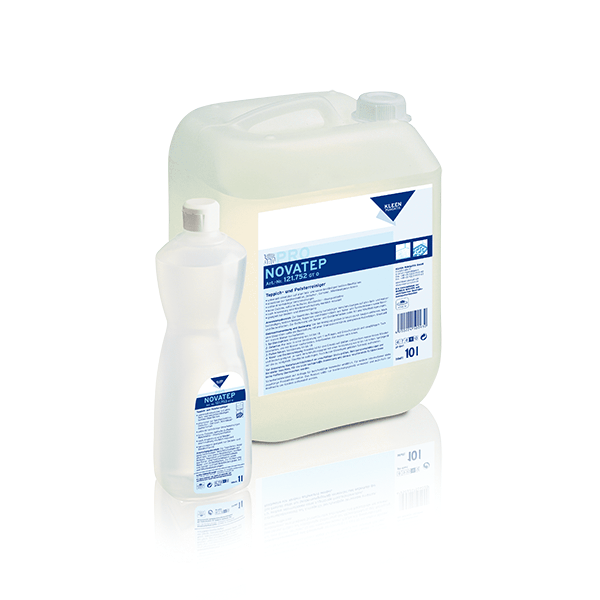 KLEEN NOVATEP Reinigungsprodukt KLEEN NOVATEP in Flasche und Kanister, sichtbare Etiketten und Details.