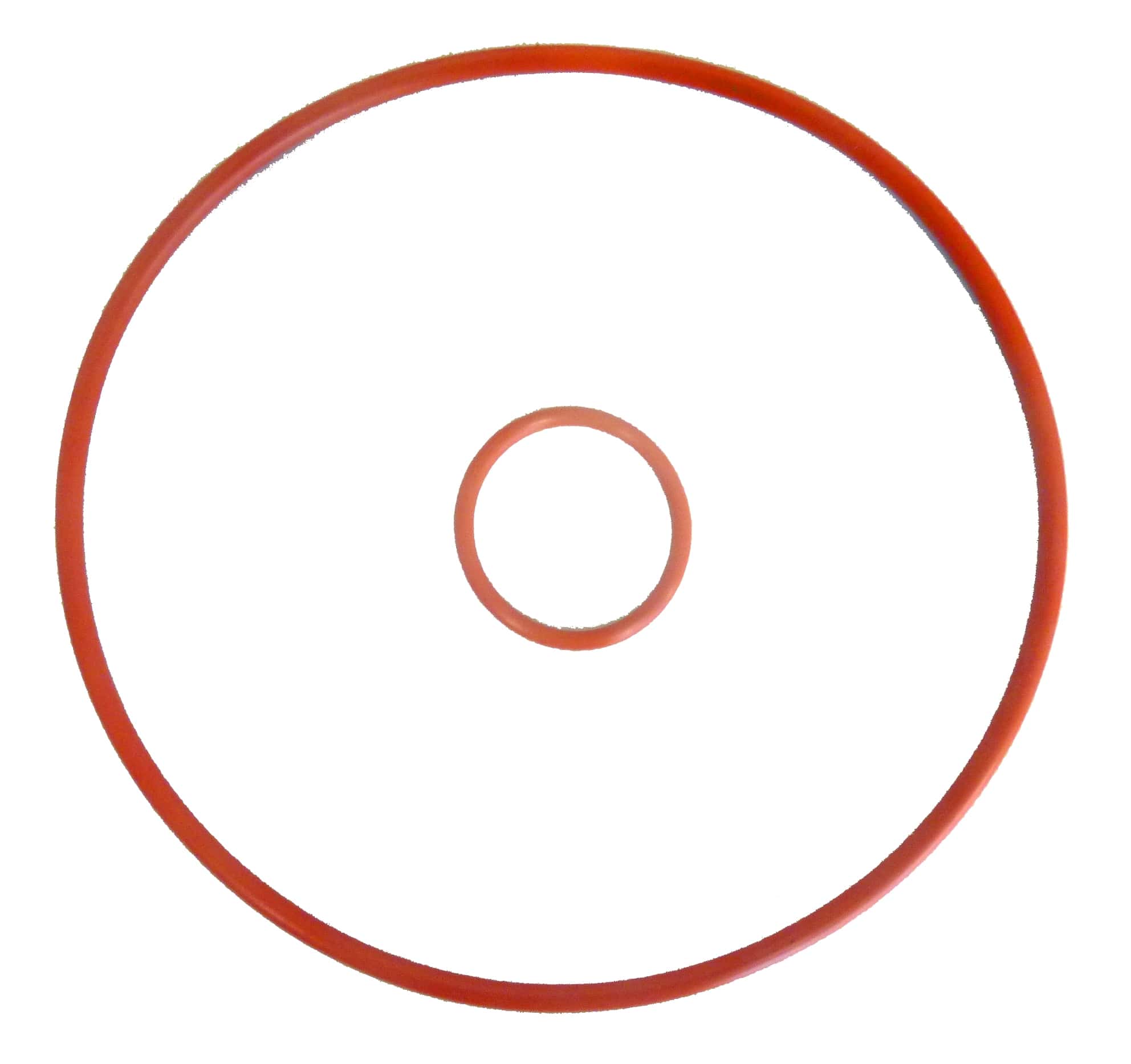 Roter O-Ring-Satz aus Gummi Zwei rote Gummi-O-Ringe unterschiedlicher Größe auf weißem Hintergrund.