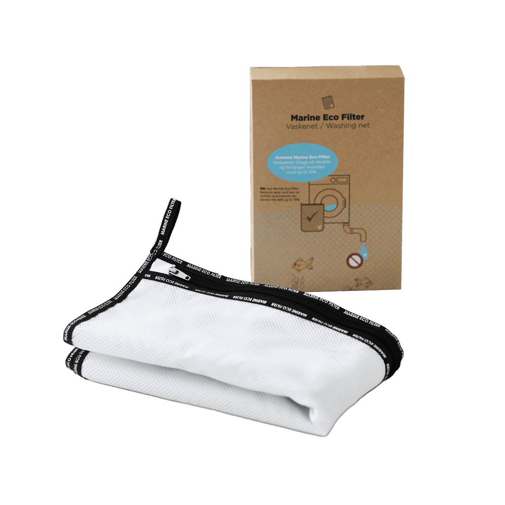 Marine Eco Filterwaschnetz Marine Eco Filter-Waschnetz in Weiß mit schwarzem Reißverschluss und Markenbesatz neben der braunen Kartonverpackung
