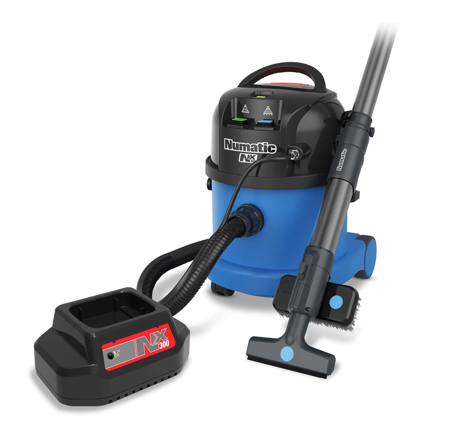 Numatic NX300 Akku-Nass-/Trockensauger mit blauer Wanne, schwarzem Motorkopf und Ladestation für die professionelle Reinigung. Numatic NX300 Akku-Nass-/Trockensauger mit blauer Wanne, schwarzem Motorkopf und Ladestation für die professionelle Reinigung.