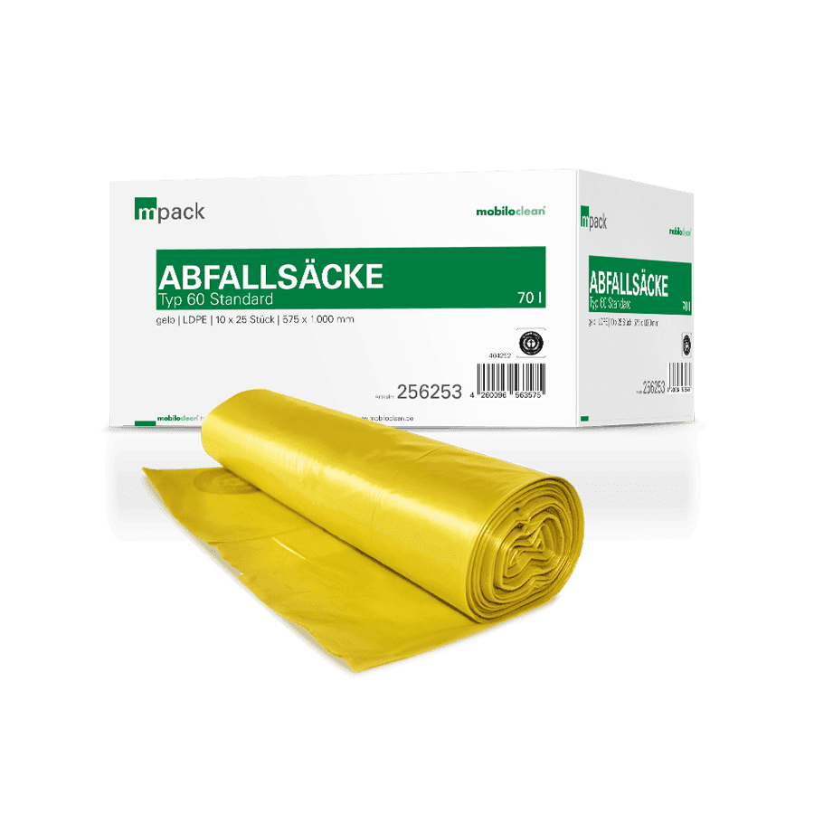 Gelbe Abfallsäcke von Impack, 70 Liter Gelbe Müllbeutel auf Rolle von Impack im Karton für die professionelle Müllentsorgung in Gewerbegebäuden