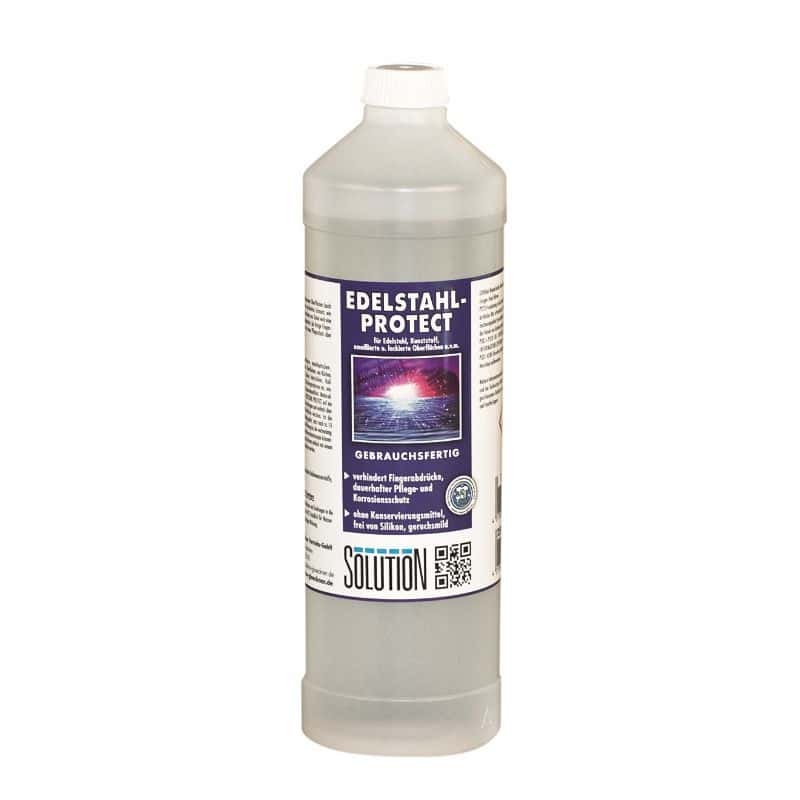 Edelstahl-Protect Reinigungsmittel in transparenter Flasche mit blau-weißem Etikett für professionelle Edelstahlpflege Edelstahl-Protect Reinigungsmittel in transparenter Flasche mit blau-weißem Etikett für professionelle Edelstahlpflege