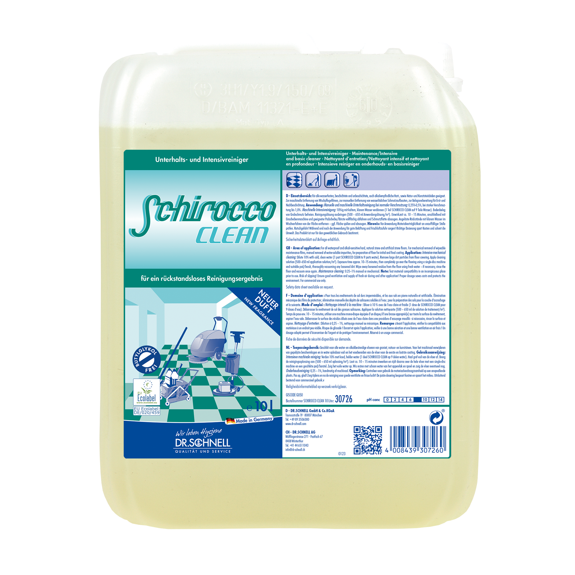 Dr. Schnell Schirocco Clean Intensivreiniger im 10 Liter Kanister mit ausführlicher Etikettierung für die professionelle Bodenpflege