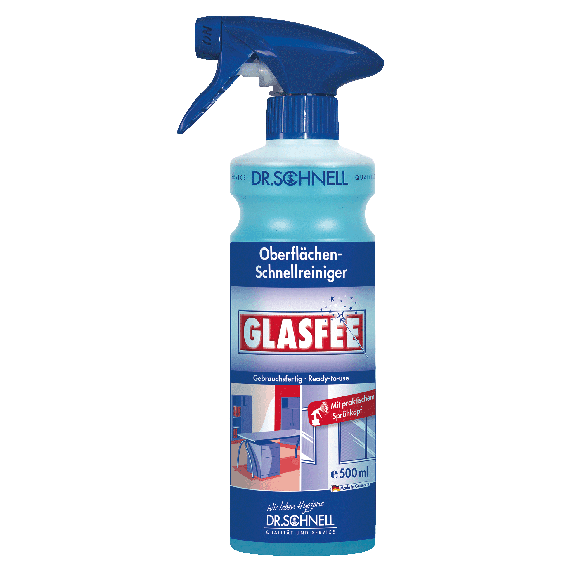 Dr. Schnell Glasfee Oberflächen-Schnellreiniger in blauer Sprühflasche mit weißem Etikett für Glasreinigung Dr. Schnell Glasfee Oberflächen-Schnellreiniger in blauer Sprühflasche mit weißem Etikett für Glasreinigung
