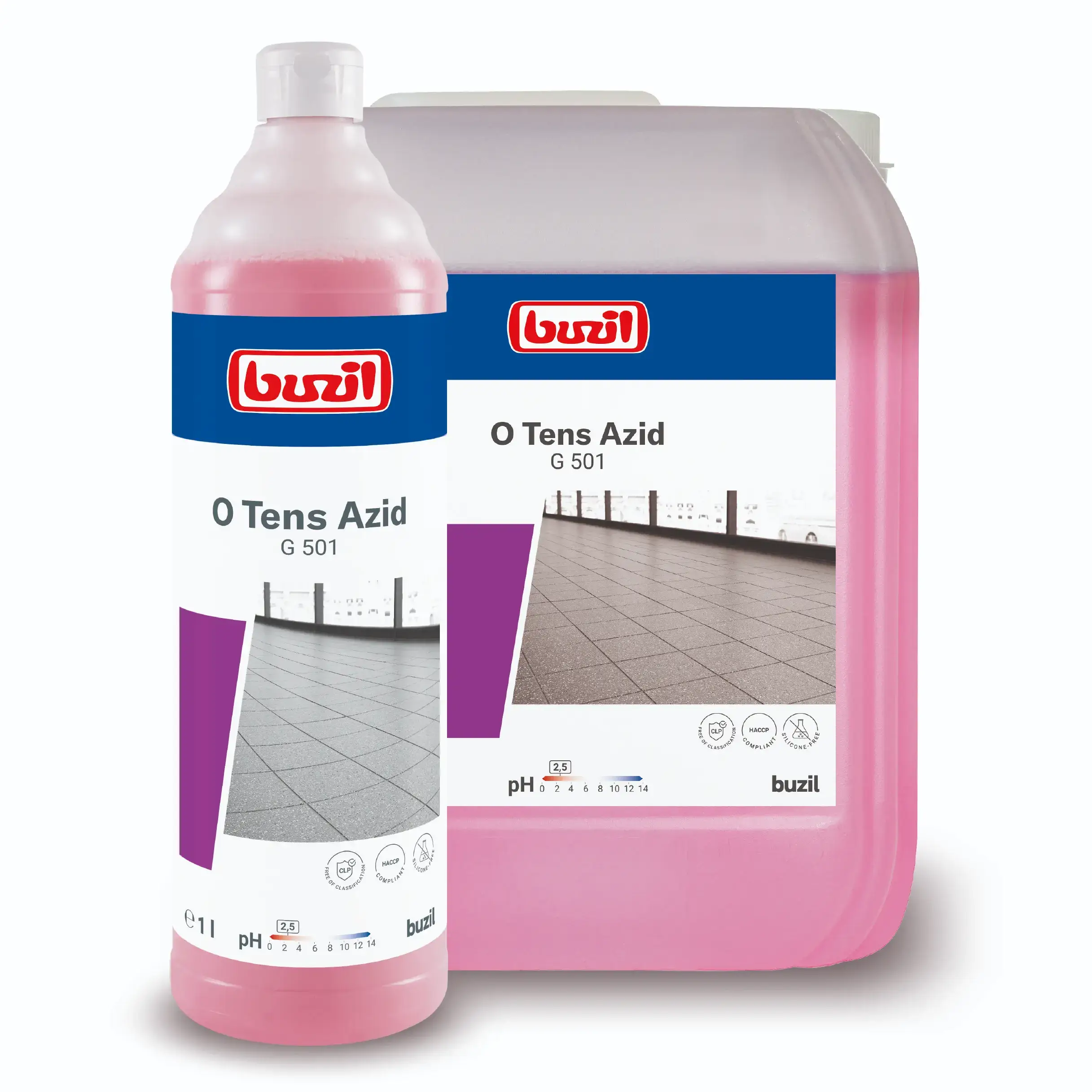 Buzil O Tens Azid G 501 Reinigungsmittel Buzil O Tens Azid G 501 Reinigungsmittel in Flasche und Kanister mit rosa Flüssigkeit für die professionelle Bodenreinigung