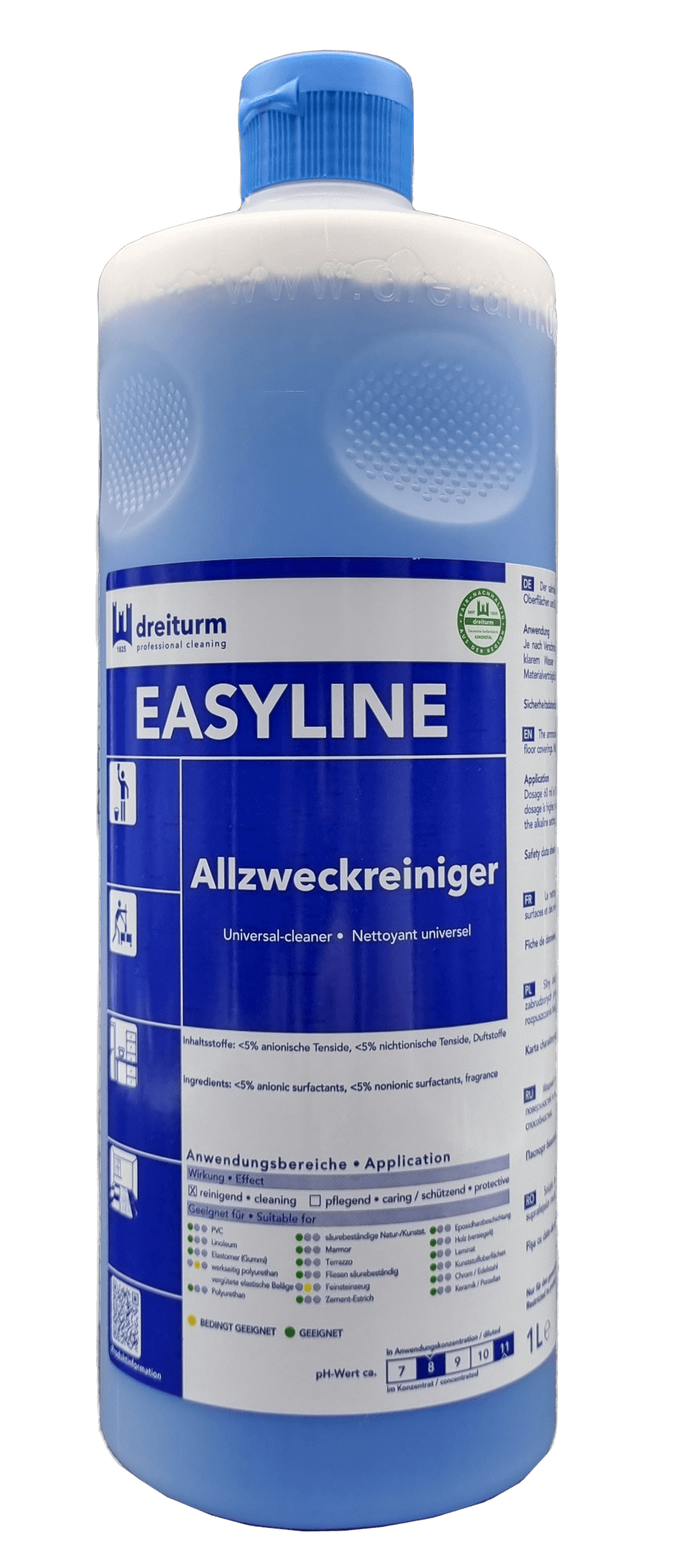 Dreiturm Easyline Allzweckreiniger in der 1-Liter-Flasche mit blauem Etikett für die professionelle Bodenreinigung