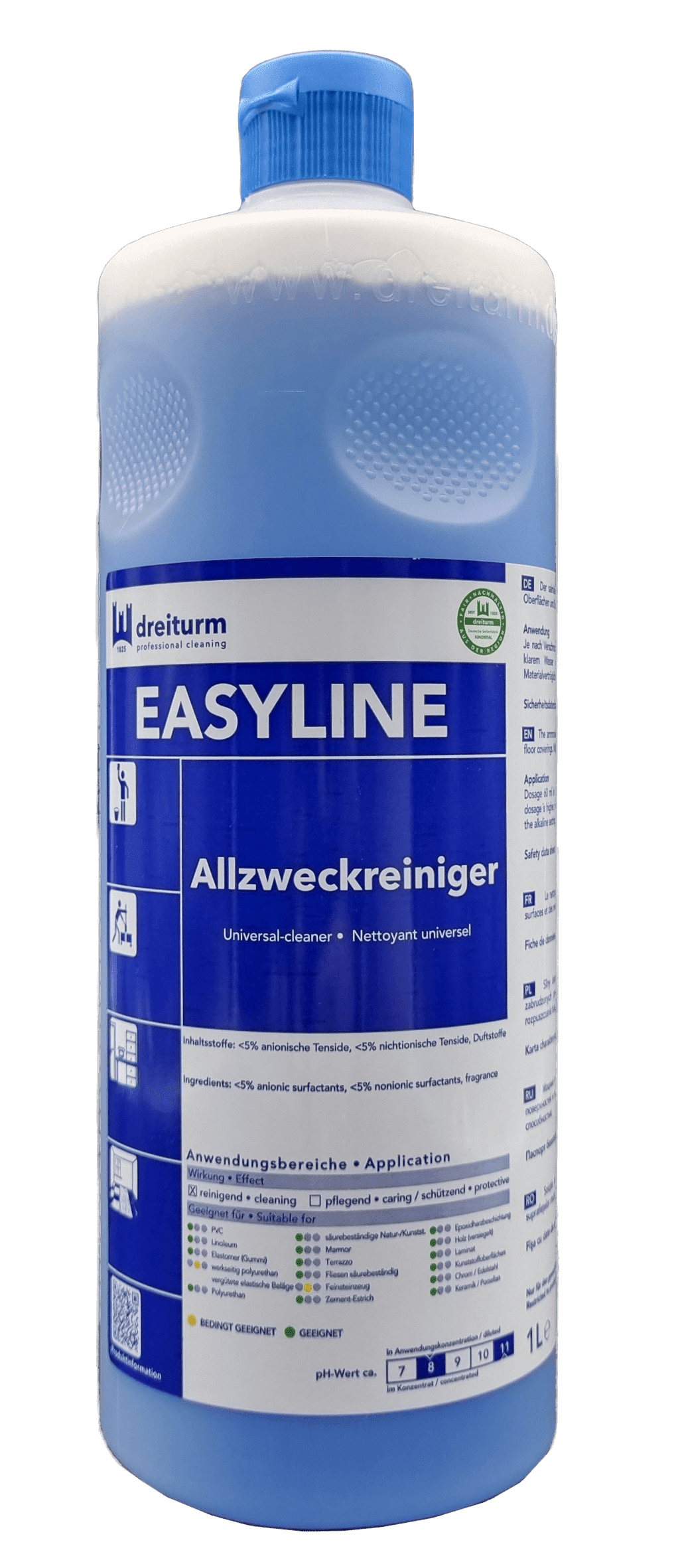 Dreiturm Easyline Allzweckreiniger 1 Liter Dreiturm Easyline Allzweckreiniger in der 1-Liter-Flasche mit blauem Etikett für die professionelle Bodenreinigung