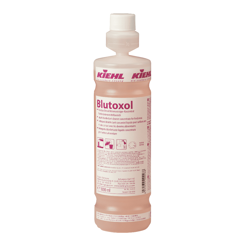 Kiehl Blutoxol Desinfektionsreiniger-Konzentrat in weißer Flasche mit rotem Etikett für den Lebensmittelbereich Kiehl Blutoxol Desinfektionsreiniger-Konzentrat in weißer Flasche mit rotem Etikett für den Lebensmittelbereich