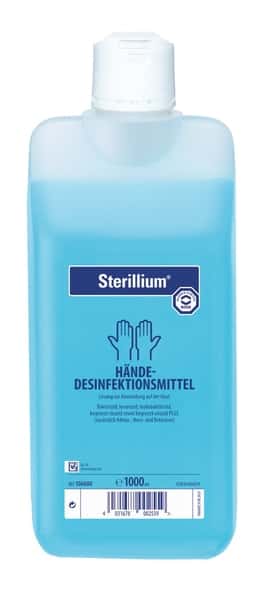 Sterillium Händedesinfektionsmittel in blauer 1000ml Flasche mit weißem Verschluss für hygienische Händedesinfektion Sterillium Händedesinfektionsmittel in blauer 1000ml Flasche mit weißem Verschluss für hygienische Händedesinfektion