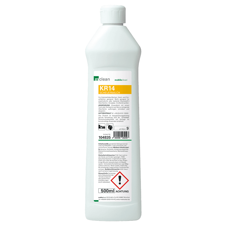Mclean KR14 Scheuermilch 500 ml Mclean KR14 Scheuermilch in einer weißen 500-ml-Dosierflasche mit gelbem Etikett für professionelle Oberflächenreinigungsaufgaben