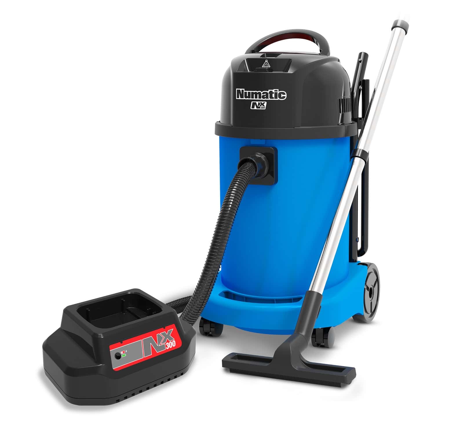 Numatic NX300 Staubsauger mit blauem Behälter, schwarzem Deckel und Ladestation für professionelle Gebäudereinigung Numatic NX300 Staubsauger mit blauem Behälter, schwarzem Deckel und Ladestation für professionelle Gebäudereinigung