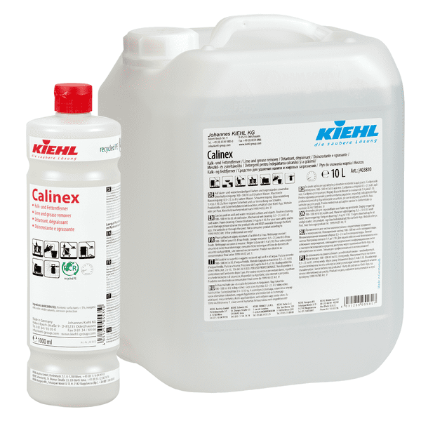 Kiehl Calinex Reiniger und Entfetter Kiehl Calinex in 1-Liter-Flasche und 10-Liter-Kanister, sichtbare Etiketten.