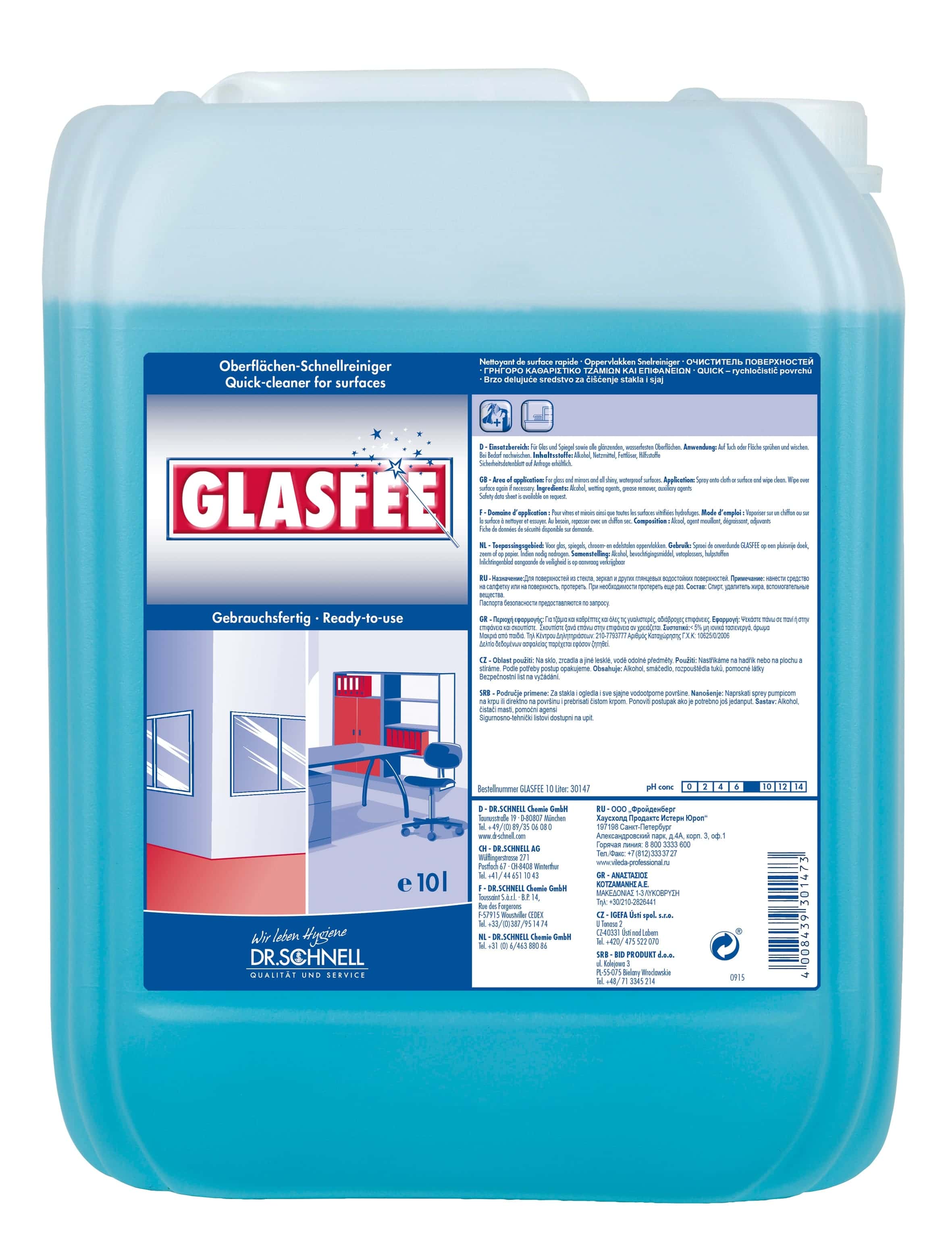 Dr. Schnell Glasfee Oberflächenreiniger, blauer 10-Liter-Kanister mit Etikett für schnelle Oberflächenreinigung Dr. Schnell Glasfee Oberflächenreiniger, blauer 10-Liter-Kanister mit Etikett für schnelle Oberflächenreinigung