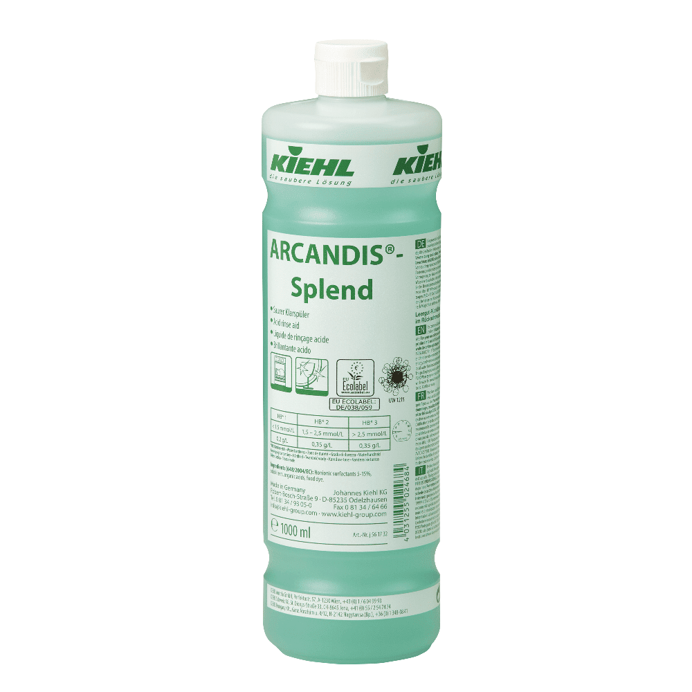 Kiehl Arcandis Splend Saurer Klarspüler 1000 ml Kiehl Arcandis Splend saurer Klarspüler in der 1000-ml-Dosierflasche für professionelle gewerbliche Geschirrspülanwendungen