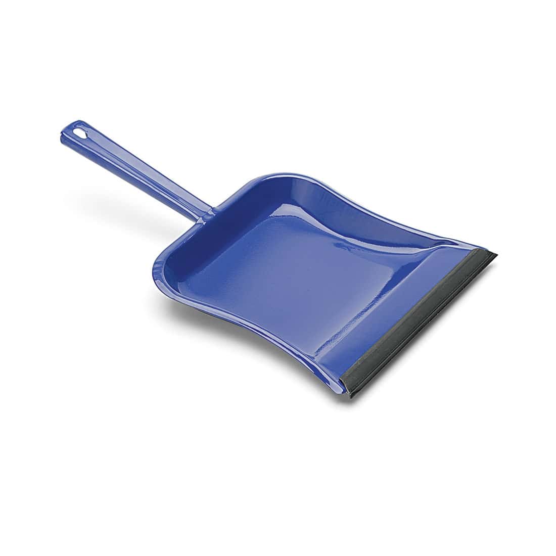 Blaue Kehrschaufel aus Metall mit schwarzer Gummilippe und Griff, konzipiert für eine effiziente Schmutzaufnahme. Blaue Kehrschaufel aus Metall mit schwarzer Gummilippe und Griff, konzipiert für eine effiziente Schmutzaufnahme.