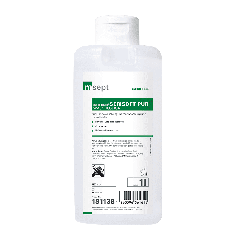 Mobilomed Serisoft Pur Waschlotion 1 Liter Mobilomed Serisoft Pur Waschlotion in der 1-Liter-Klarsichtflasche mit weißem Etikett für die professionelle Händereinigung