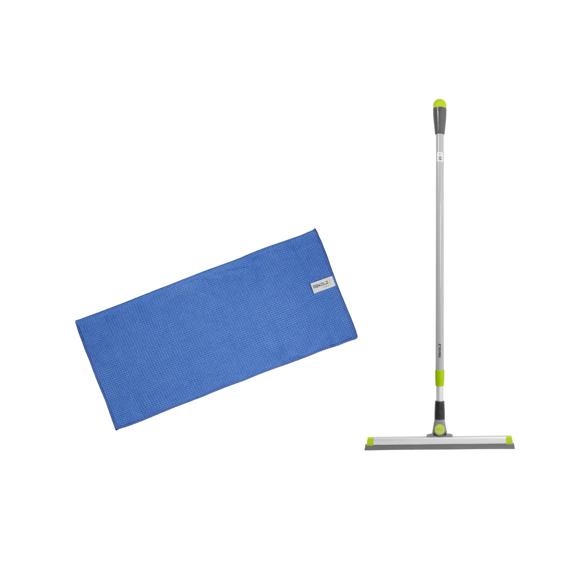 Mikrofaser-Reinigungsgerät mit Rakelgriff Reinigungswerkzeug mit blauem Mikrofasertuch und Rakelgriff.
