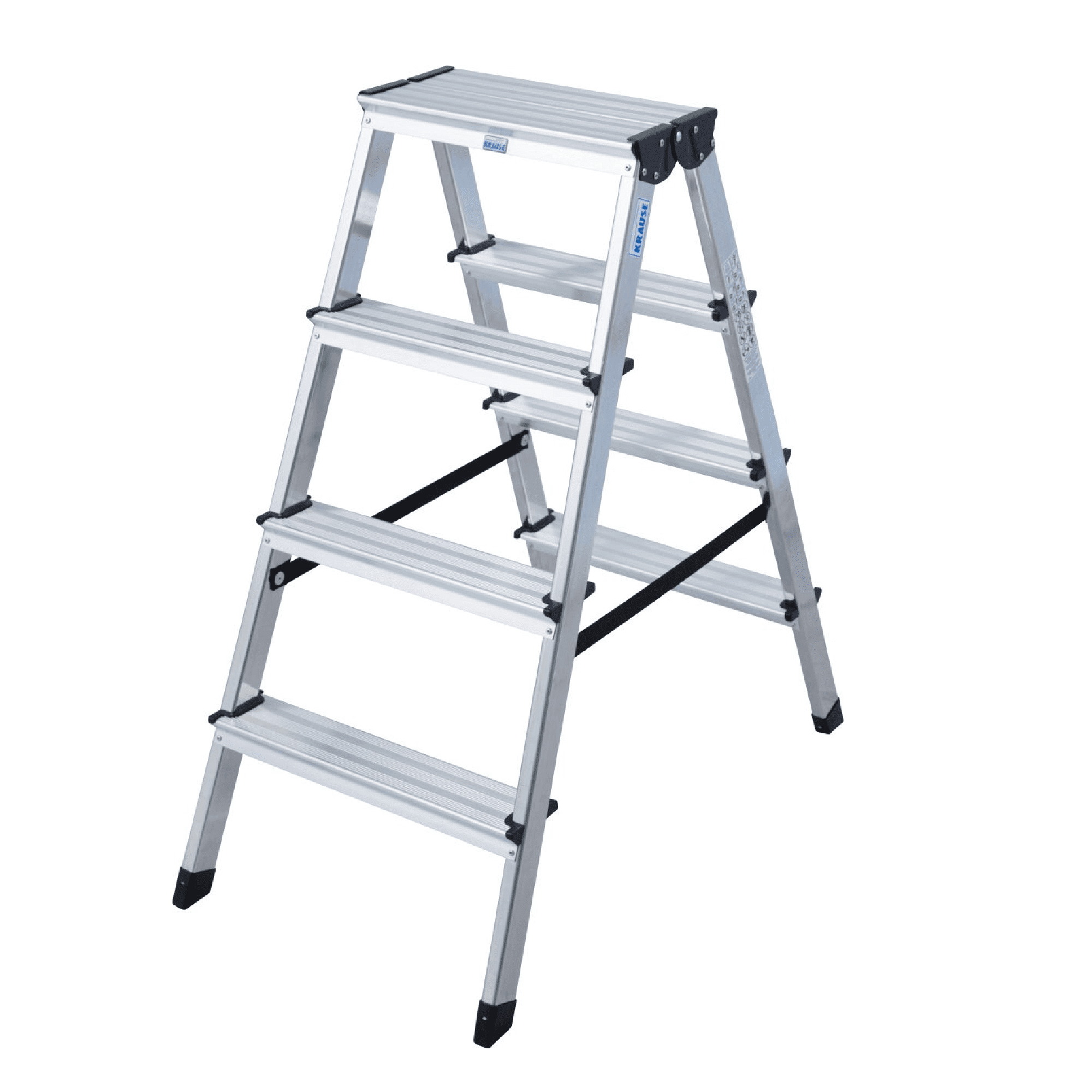 Doppelseitige Trittleiter aus Aluminium von Krause Doppelseitige Trittleiter aus Aluminium von Krause mit vier Stufen und schwarzen Sicherheitsfüßen für die professionelle Gebäudewartung
