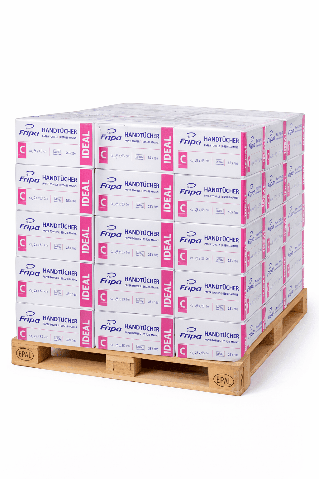 Fripa C-Falz-Papierhandtücher auf Palette Stapel von Fripa C-Falz-Papierhandtüchern auf einer hölzernen Europalette für professionelle Hygiene in gewerblichen Einrichtungen