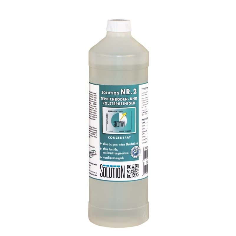 Lösung Nr. 2 Teppich- und Polsterreiniger Lösung Nr. 2 Teppich- und Polsterreiniger in einer Flasche mit Etikett.