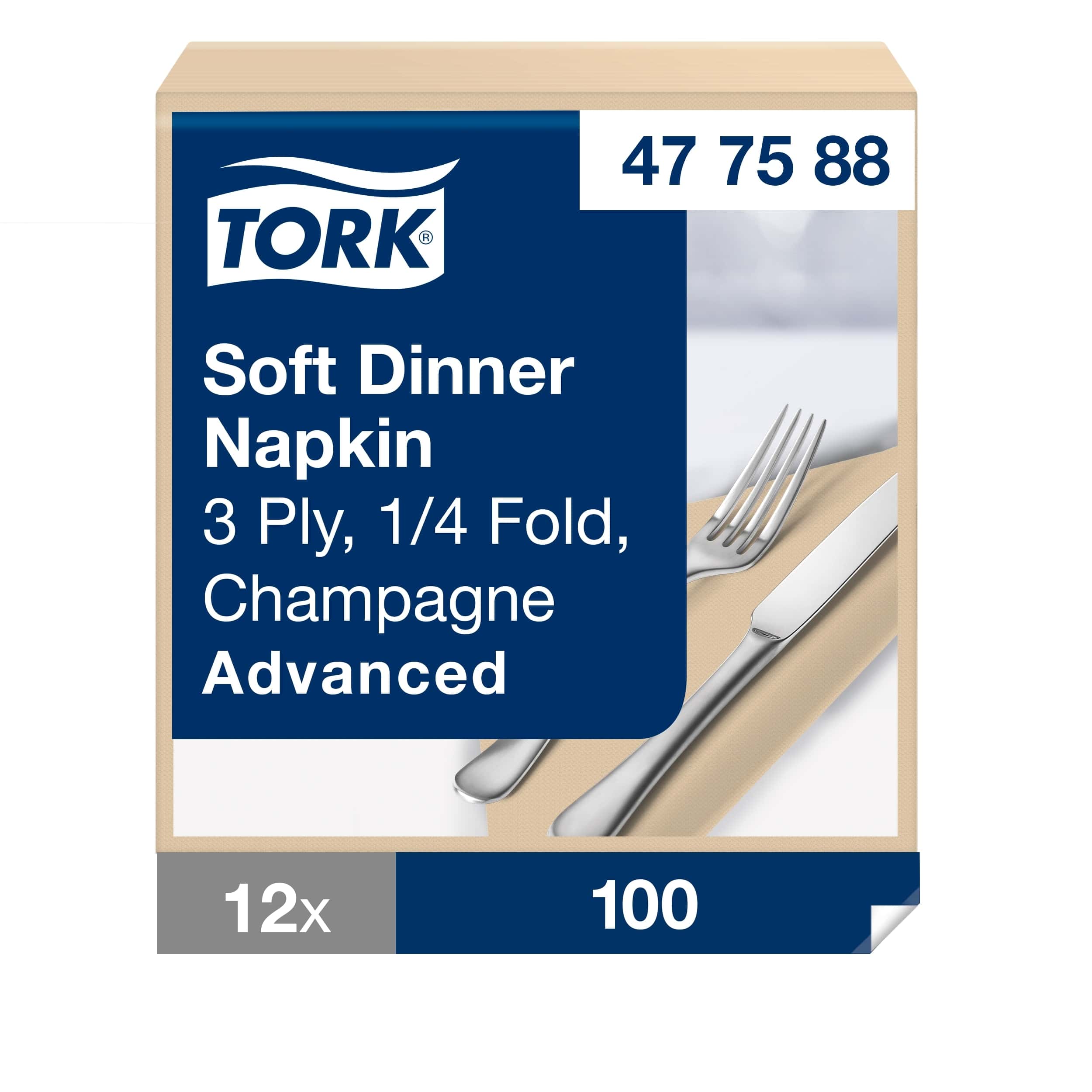 Weiche Abendessenserviette von Tork, 3-lagig, Champagner Tork Soft Dinner Serviettenverpackung mit 3-lagigem, 1/4-Falz-Design in Champagnerfarbe.