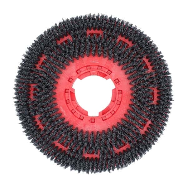 Runde Scheuerbürste mit roter Basis Runde Scheuerbürste mit schwarzen Borsten und rotem Kunststoffsockel für professionelle Bodenreinigungsmaschinen und -geräte