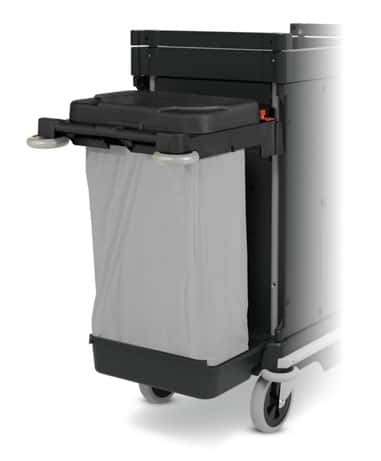 Numatic-Abfallbehälteraufsatz Numatic-Abfallbehälteraufsatz mit grauem Beutel am Reinigungswagen