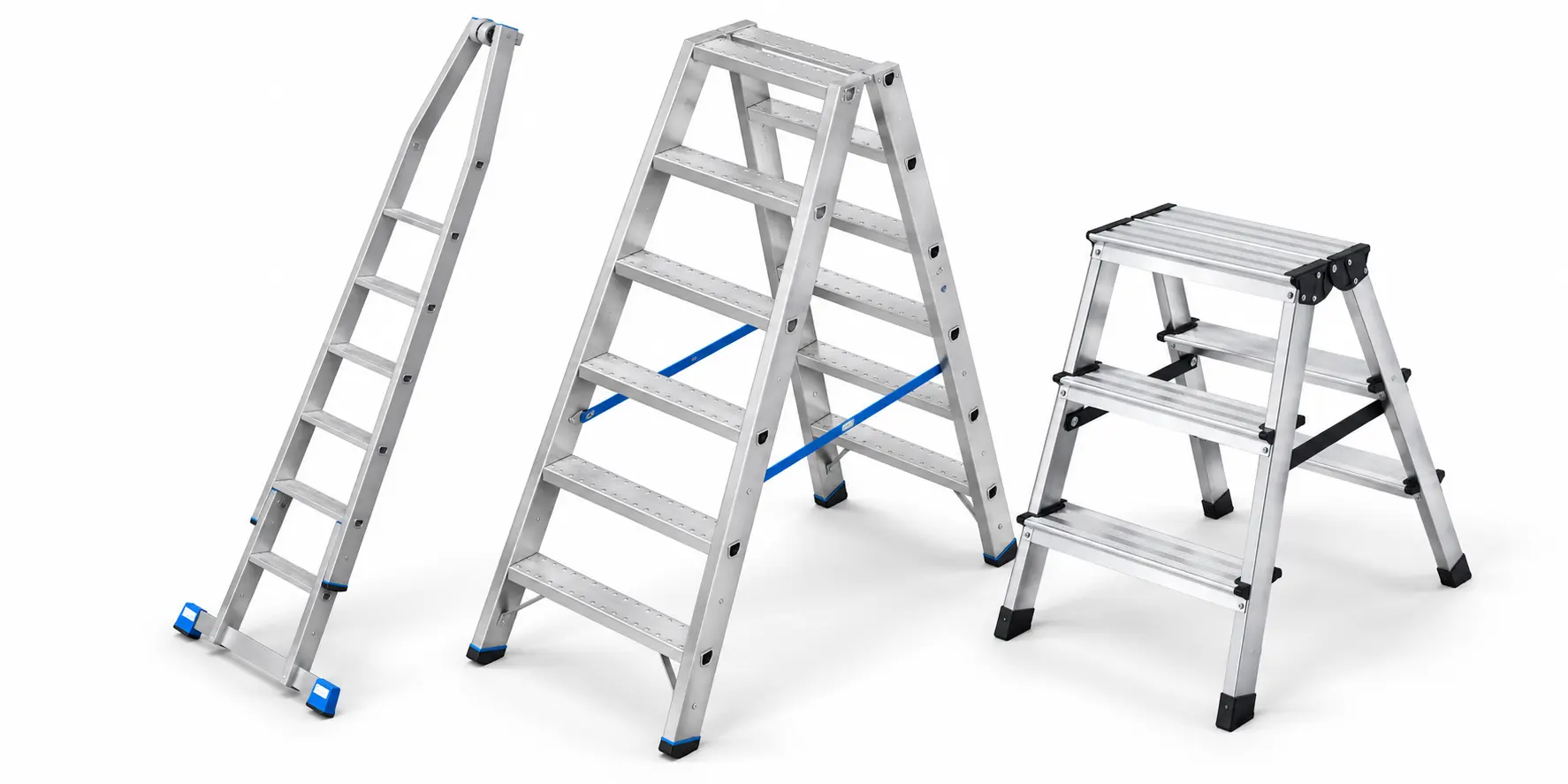 Set aus drei professionellen Aluminiumleitern Drei verschiedene Aluminiumleitern, darunter eine Anlegeleiter, eine Trittleiter und ein kleiner Tritthocker