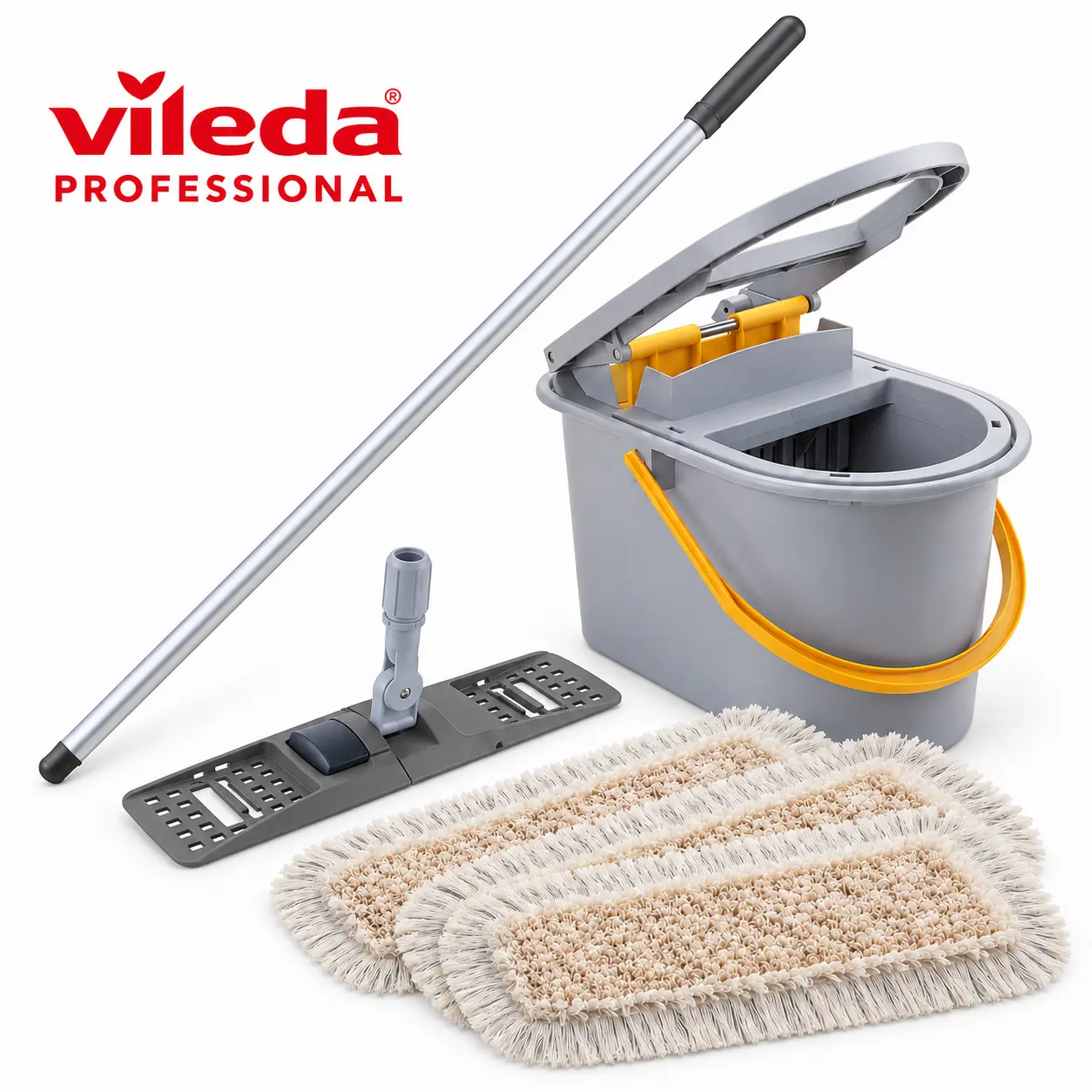Vileda Profi-Mopp-Set mit Wringboy Vileda Professional Reinigungsset mit Moppstiel, Moppgestell, Eimer mit Presse und Wischpads