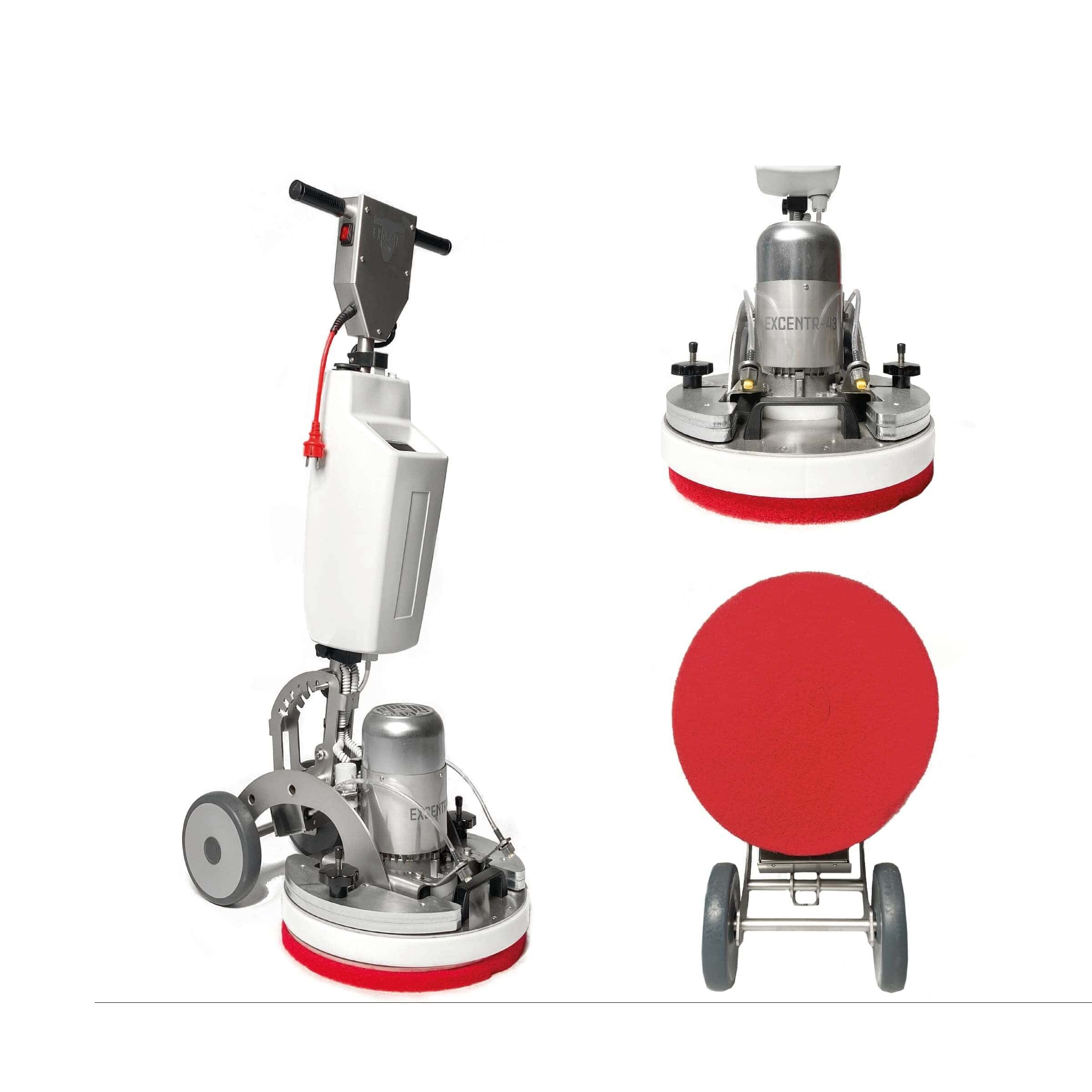 Excentr 43 Orbital-Bodenreinigungsmaschine Excentr 43 Orbitalbodenmaschine mit weißem Gehäuse, Metallmotoreinheit und rotem Reinigungspad für die Bodenpflege
