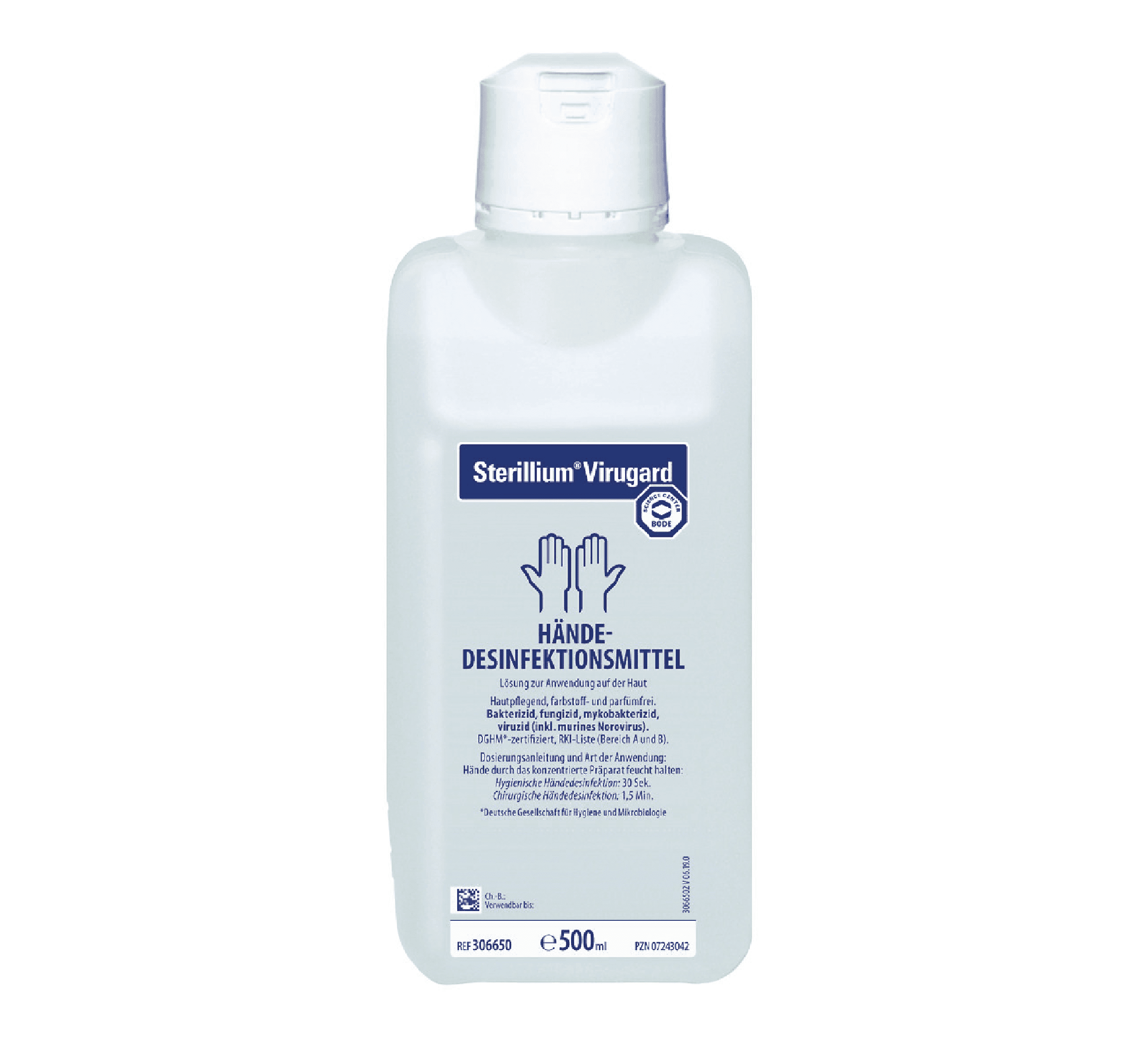 Sterillium Virugard Händedesinfektionsmittel 500 ml Sterillium Virugard Händedesinfektionsmittel in einer 500-ml-Flasche mit weißem Verschluss für professionelle Hygiene und Desinfektion