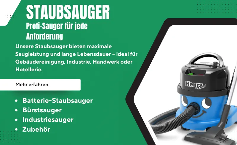 Henry Staubsauger mit blauem Gehäuse und Saugschlauch für professionelle Gebäudereinigung