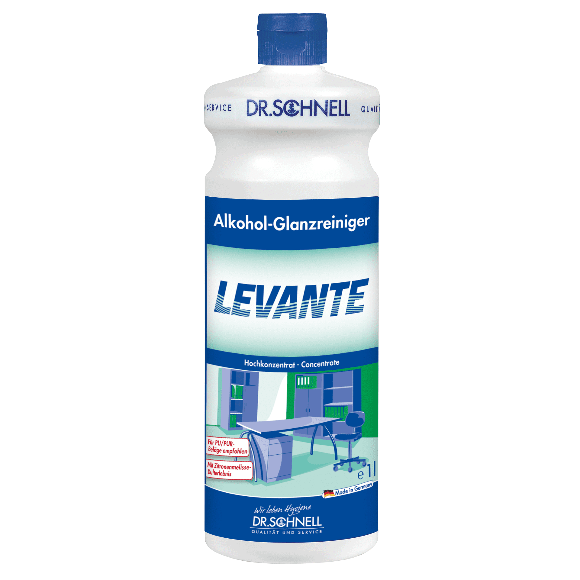 Dr. Schnell Levante Alkohol-Glanzreiniger Hochkonzentrat in weißer Flasche mit blauem Schraubverschluss für professionelle Reinigung Dr. Schnell Levante Alkohol-Glanzreiniger Hochkonzentrat in weißer Flasche mit blauem Schraubverschluss für professionelle Reinigung