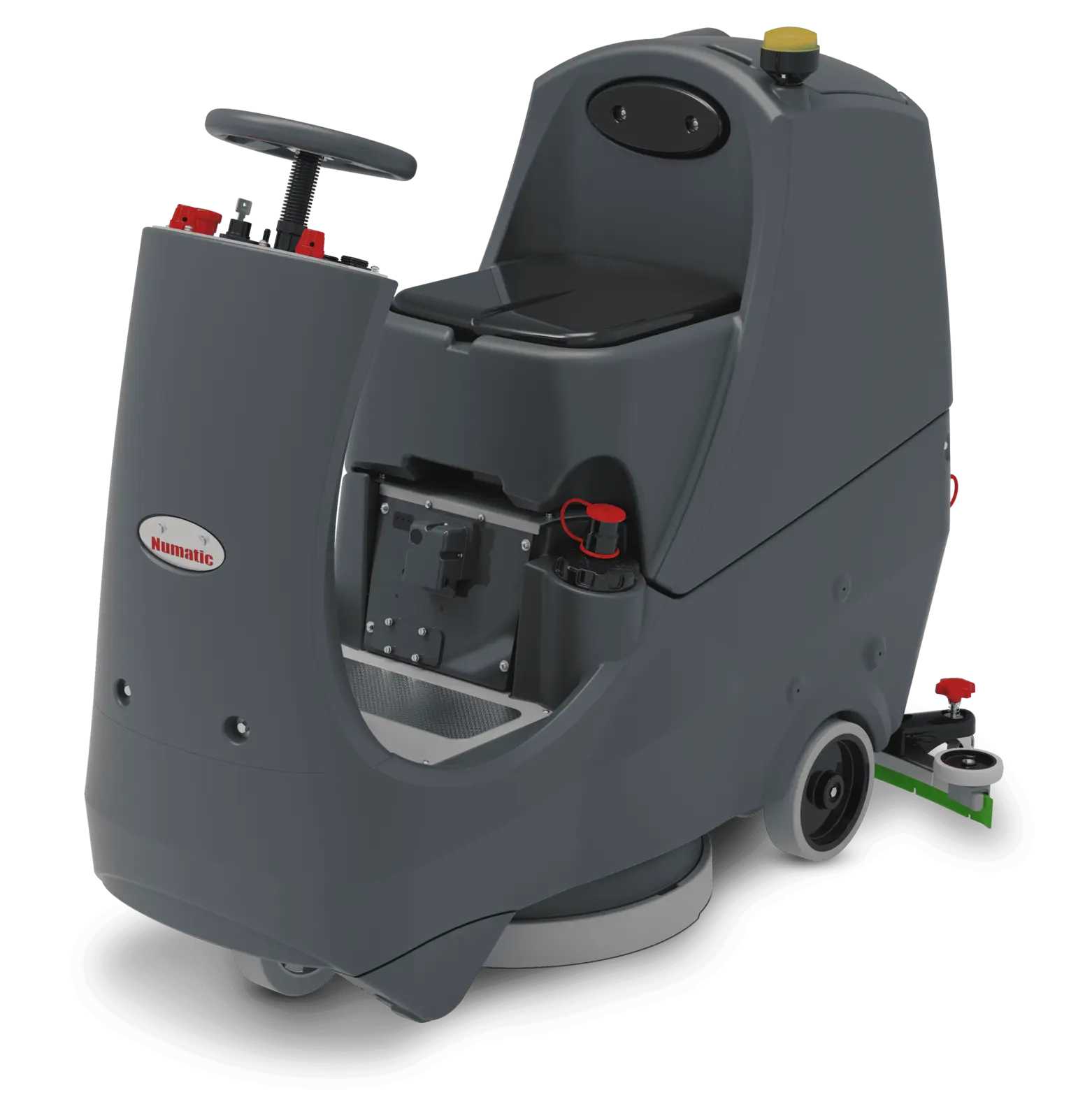 Numatic Scheuersaugmaschine mit grauem Gehäuse und Bürsteneinheit für die Bodenreinigung im Gewerbe Numatic Scheuersaugmaschine mit grauem Gehäuse und Bürsteneinheit für die Bodenreinigung im Gewerbe