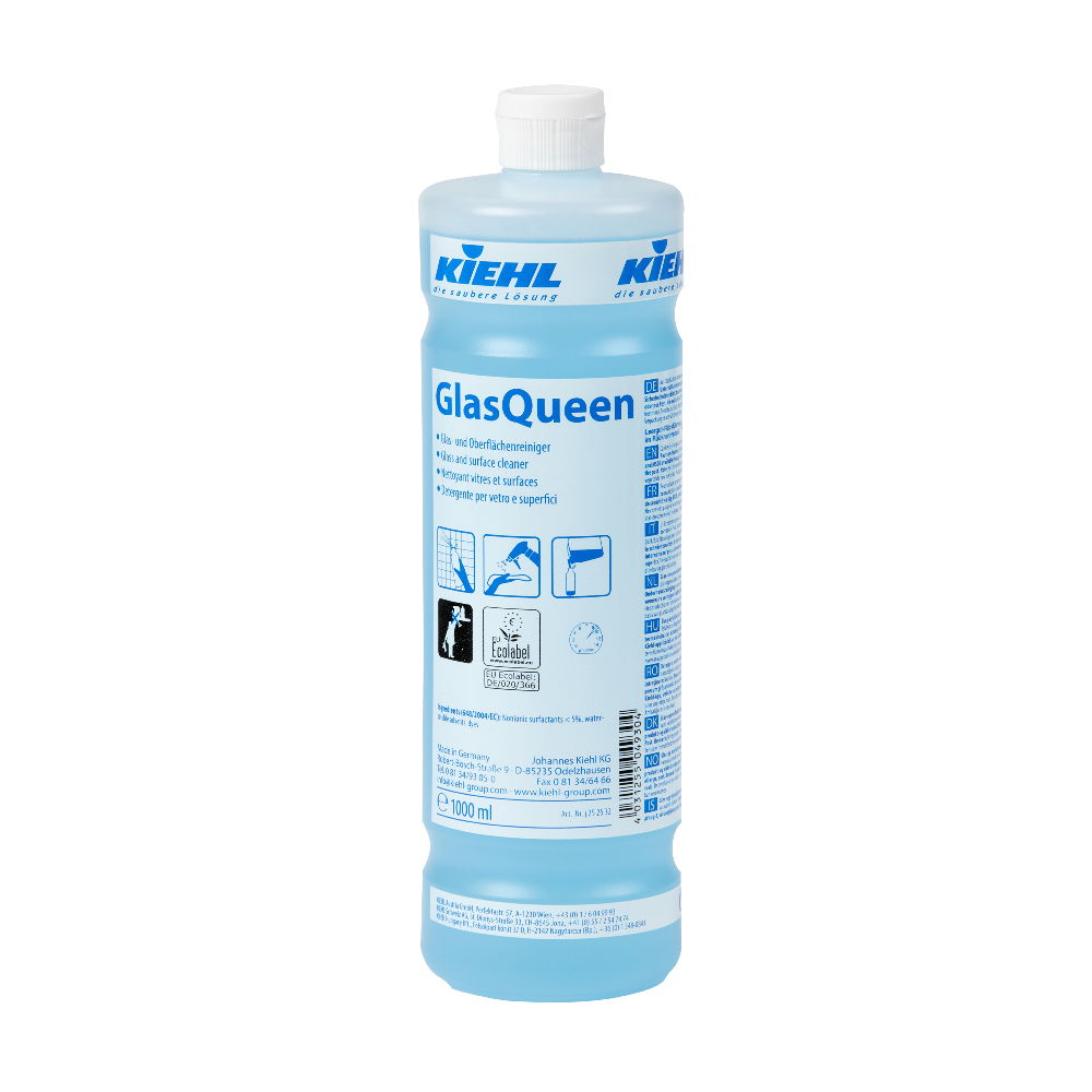 Kiehl GlasQueen Glasreiniger in der 1000-ml-Flasche mit blauem Etikett für professionelle Oberflächen- und Glasreinigungsaufgaben