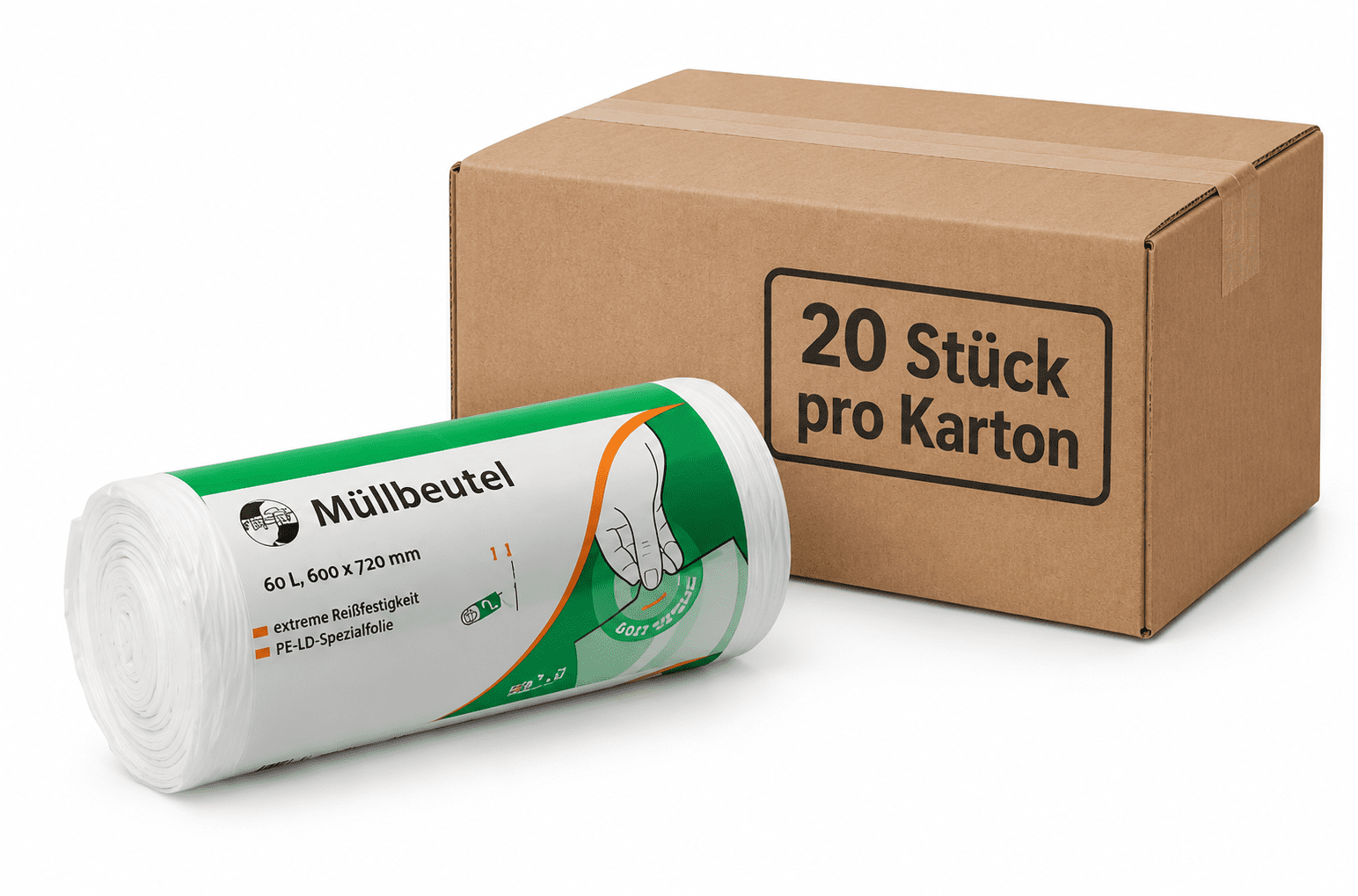 Deiss First Plus weiße Müllbeutel in einer Rolle neben einem Karton mit 20 Stück pro Karton