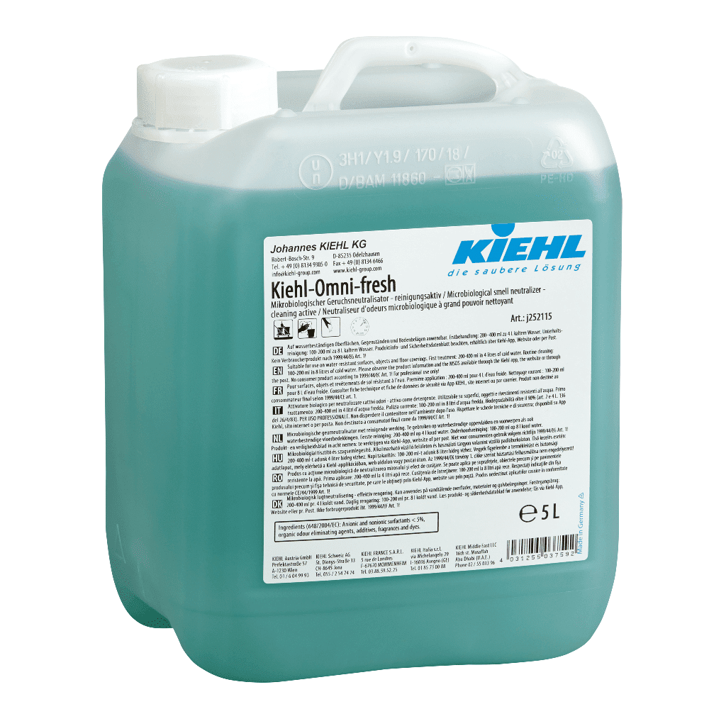 Kiehl Omni Fresh Reinigungsmittel 5 Liter Kanister Kiehl Omni Fresh Reinigungsmittel im 5-Liter-Kanister mit weißem Deckel für die professionelle Gebäudeunterhaltsreinigung